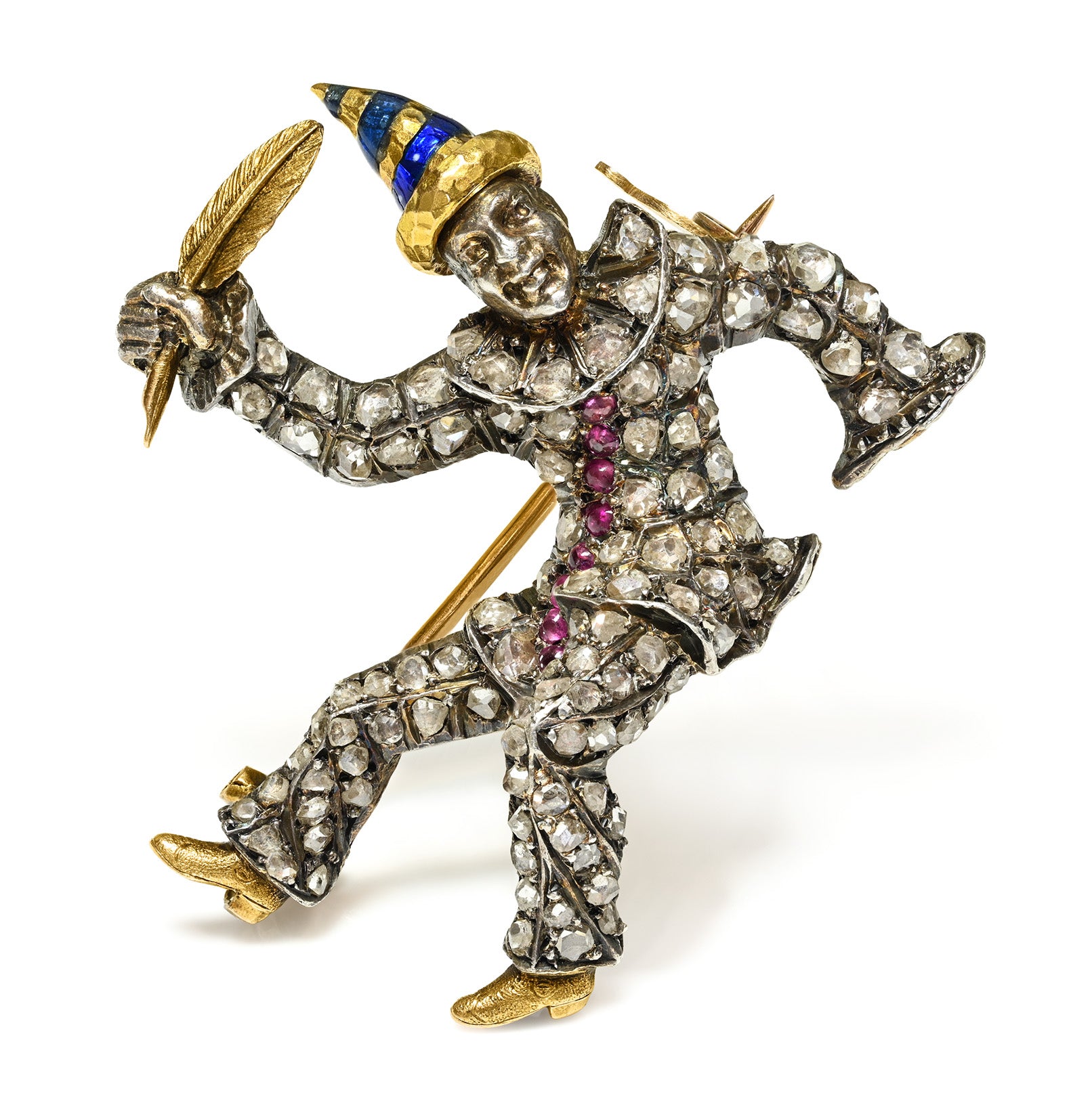 Antique French Pierrot Diamond & Ruby Brooch in Silver and 18K Gold