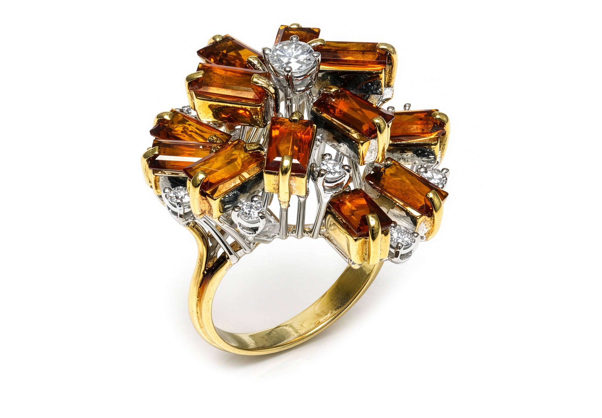 Vintage 18K Gold Spessartite Garnet Diamond Modernist Ring