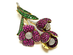 Gemstone Ruby Diamond Tsavorite Flower Brooch in 18K Gold