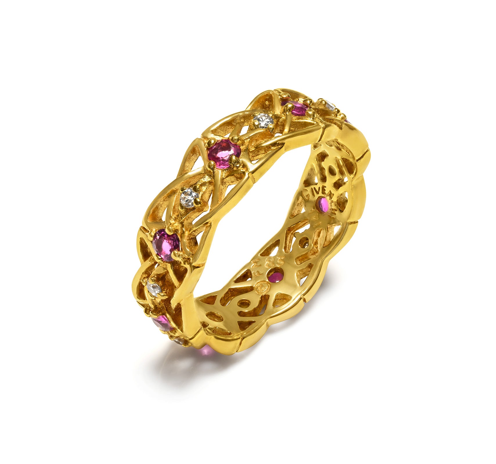 Vintage Givenchy 14K Gold Ruby Diamond Openwork Band Ring