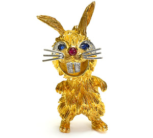 Kutchinsky 18K Gold Bunny Brooch with Diamonds, Sapphires & Ruby