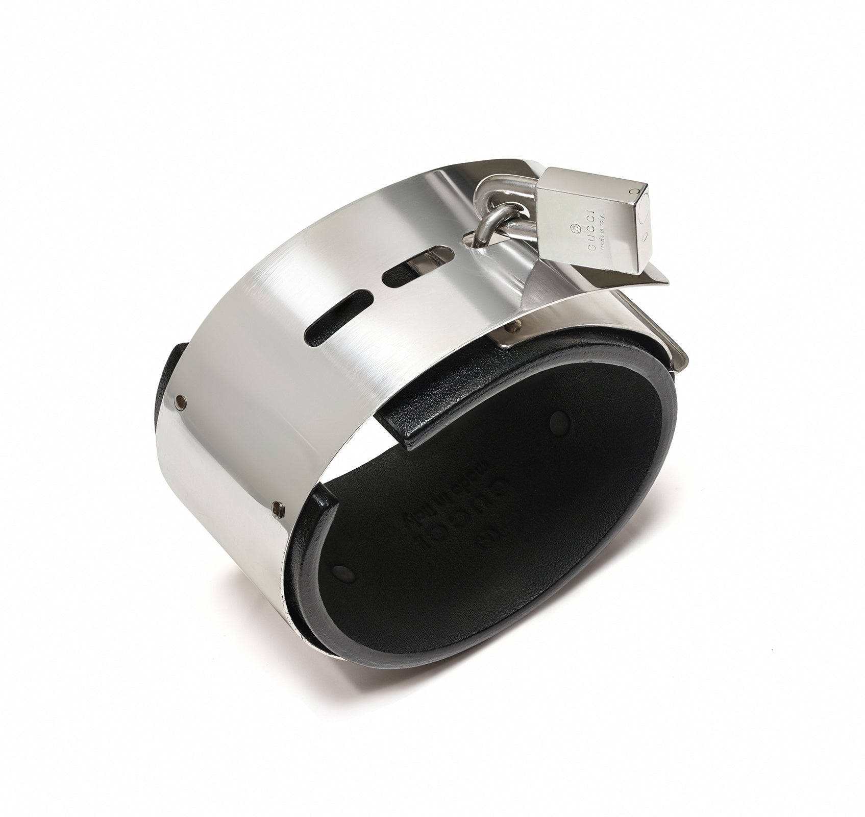 Gucci Tom Ford Sterling Silver Leather Padlock Bangle Bracelet
