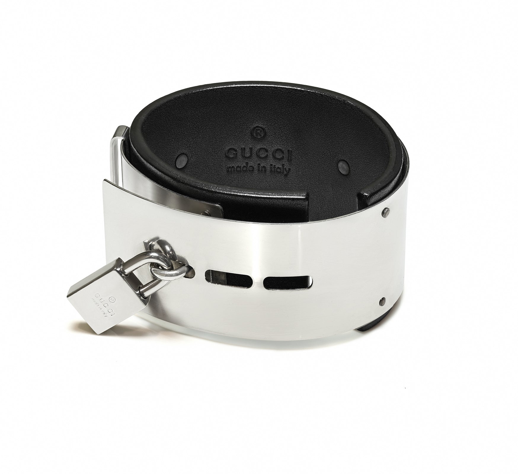 Gucci by Tom Ford Silver Leather Padlock Bangle Bracelet