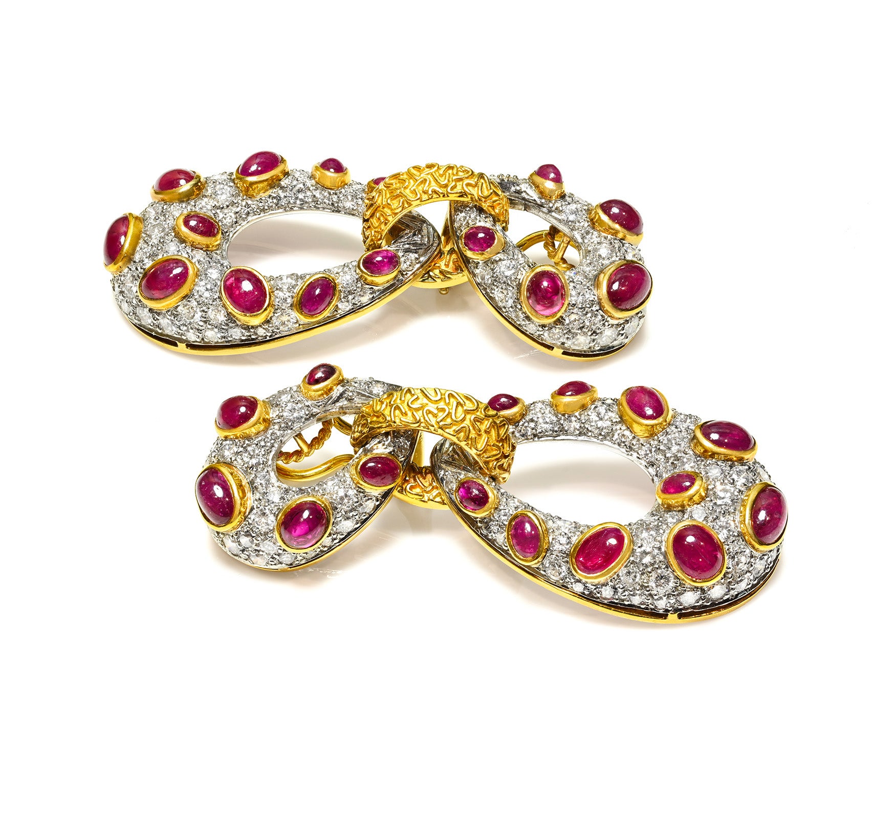 French 18K Gold Platinum Ruby Diamond Dangle Earrings