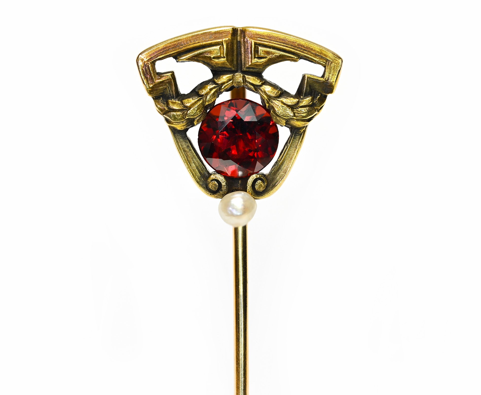 Hans Brassler Art Nouveau Gold Stick Pin Garnet Pearl 