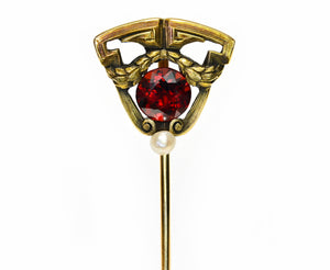 Hans Brassler Art Nouveau Gold Stick Pin with Garnet and Pearl