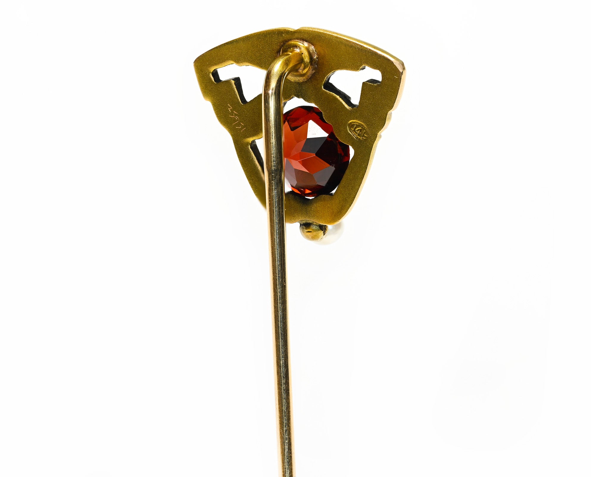Hans Brassler Hallmark Art Nouveau Gold Stick Pin with Garnet and Pearl 