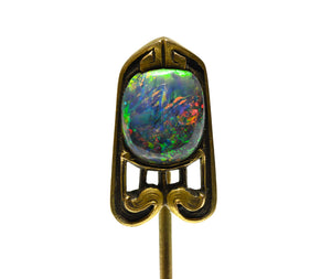 Hans Brassler Art Nouveau Black Opal Stick Pin in 14K Gold