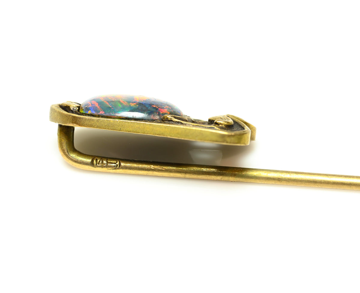 Hans Brassler Art Nouveau Black Opal Stick Pin 14K Gold Hallmark 