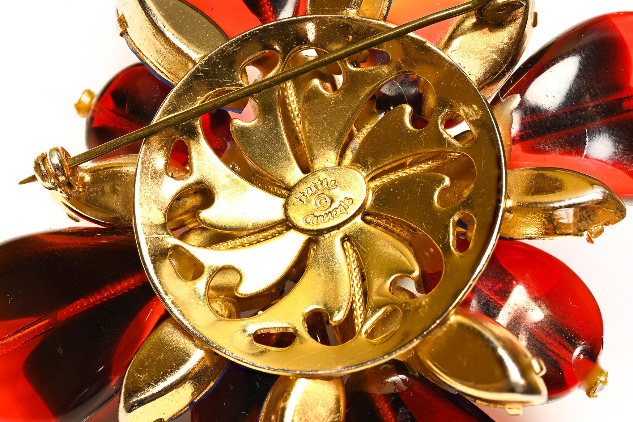 Vintage Hattie Carnegie Red Black Glass Blue Crystal Pearl Cross Brooc