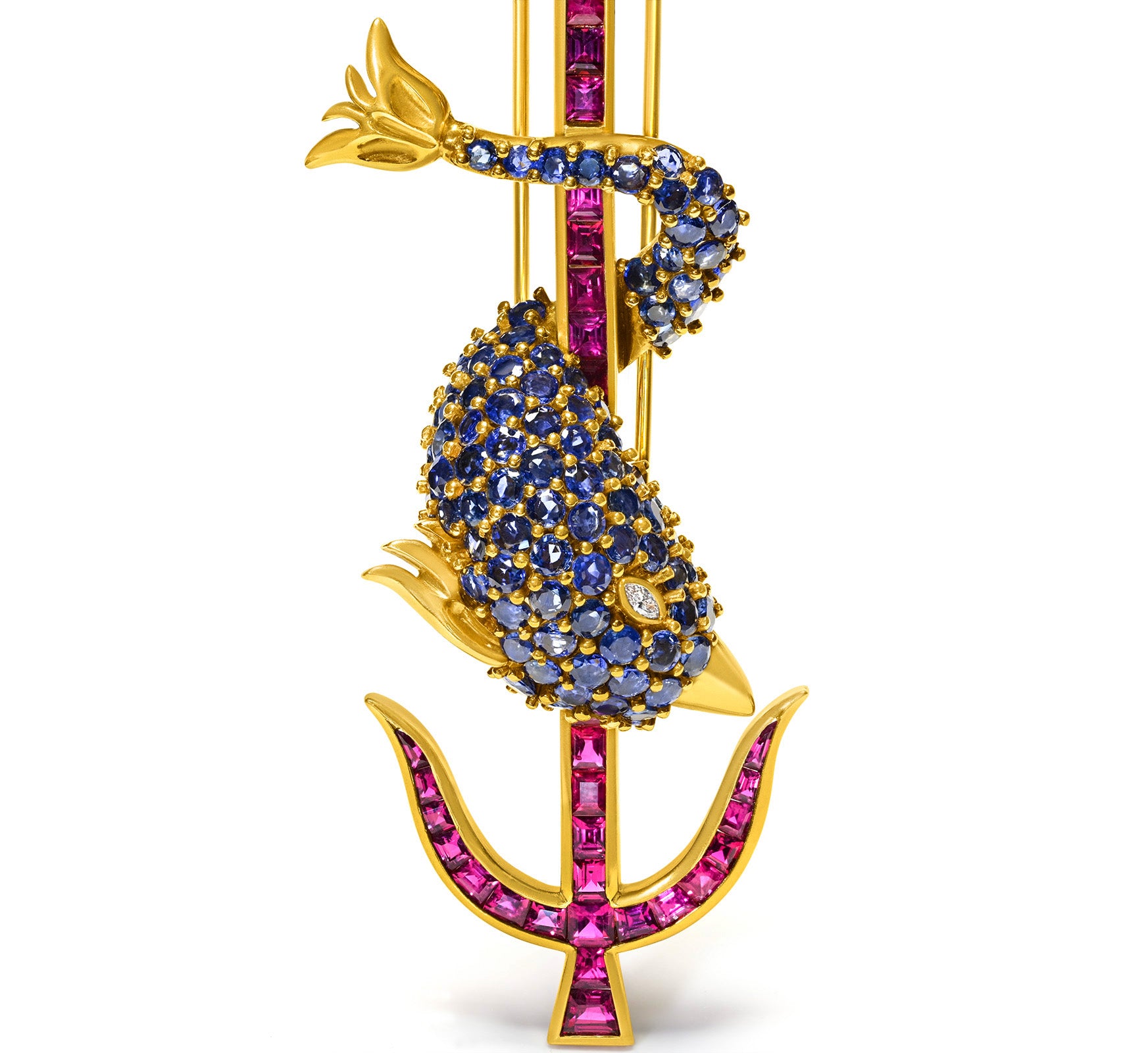 Helen Ringus Ruby Sapphire Diamond 18K Gold Dolphin and Anchor Pendant-Brooch