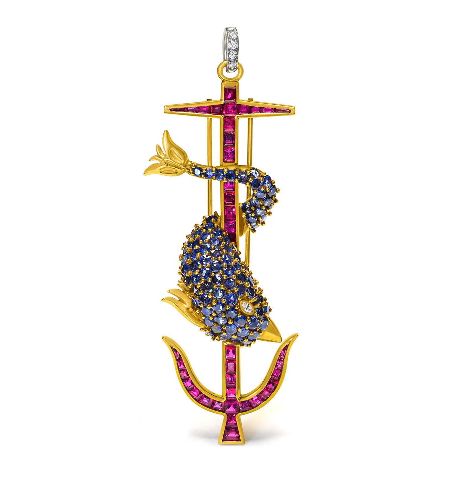 Helen Ringus Ruby Sapphire Diamond 18K Gold Dolphin and Anchor Pendant-Brooch