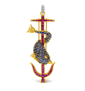Helen Ringus Ruby Sapphire Diamond 18K Gold Dolphin and Anchor Pendant-Brooch