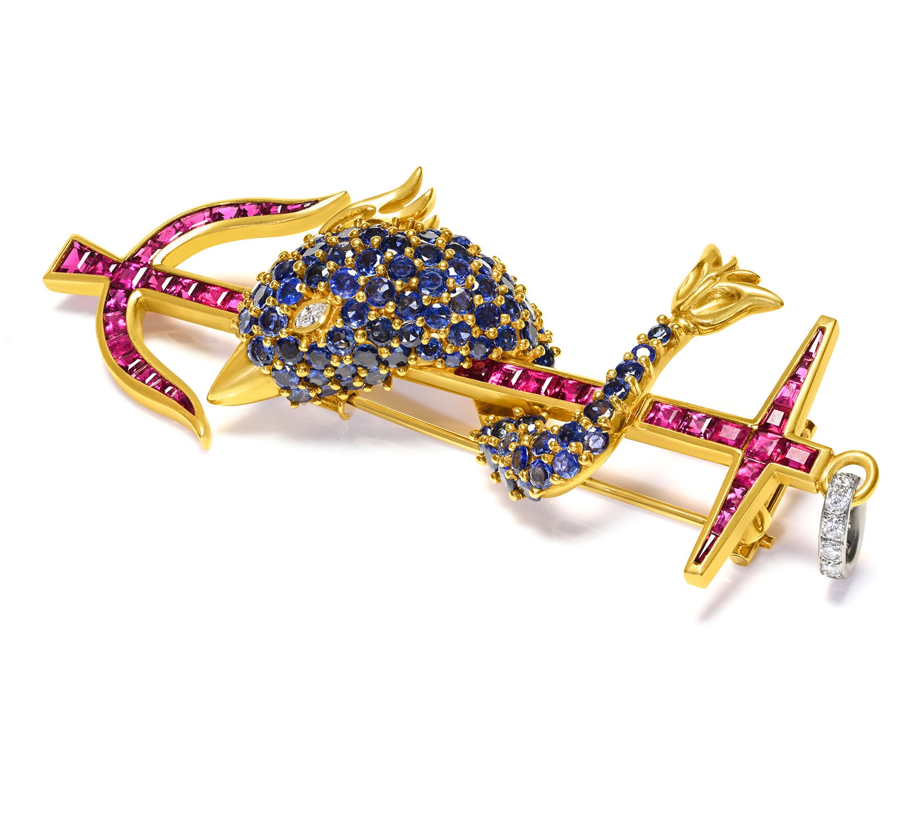 Helen Ringus Ruby Sapphire Diamond 18K Gold Dolphin Anchor Pendant Necklace