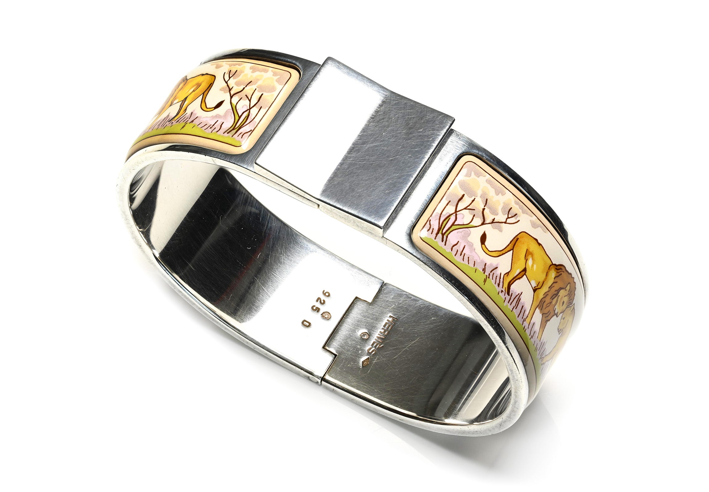 Hermes Paris Sterling Silver Enamel Lion Clic Clac Bracelet