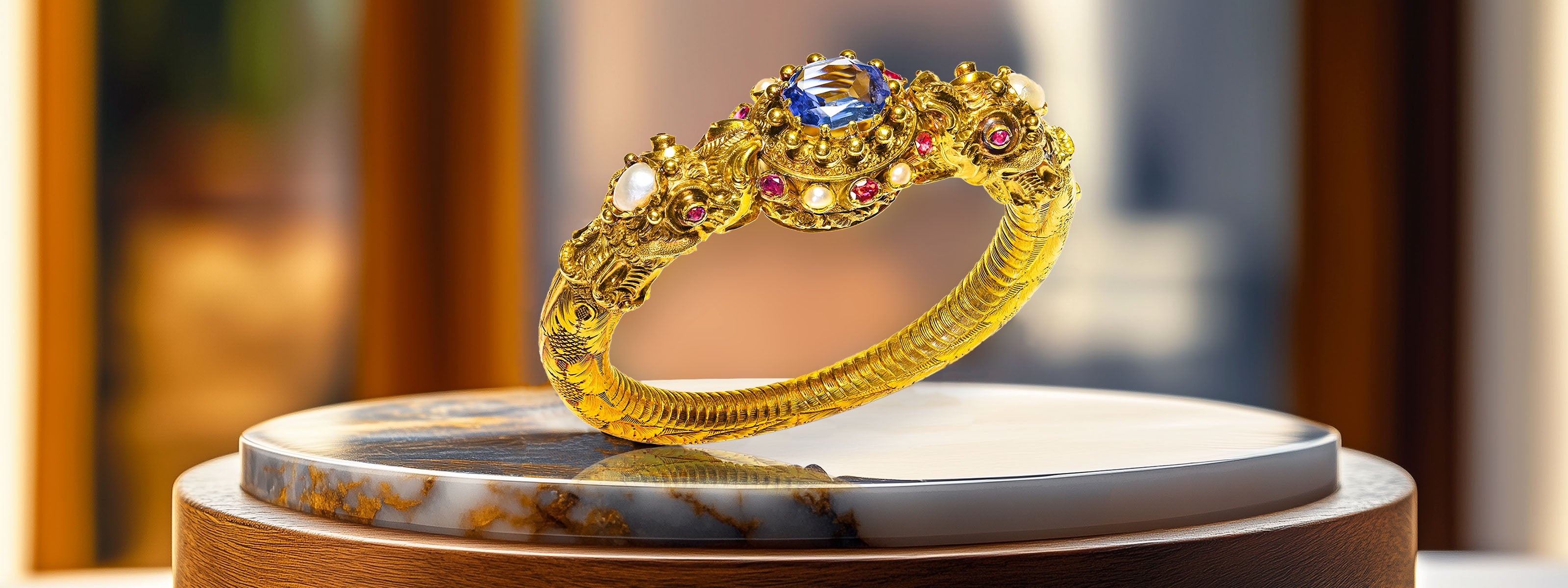 Exquisite Antique Unheated Ceylon Sapphire Ruby Pearl Gold Bracelet