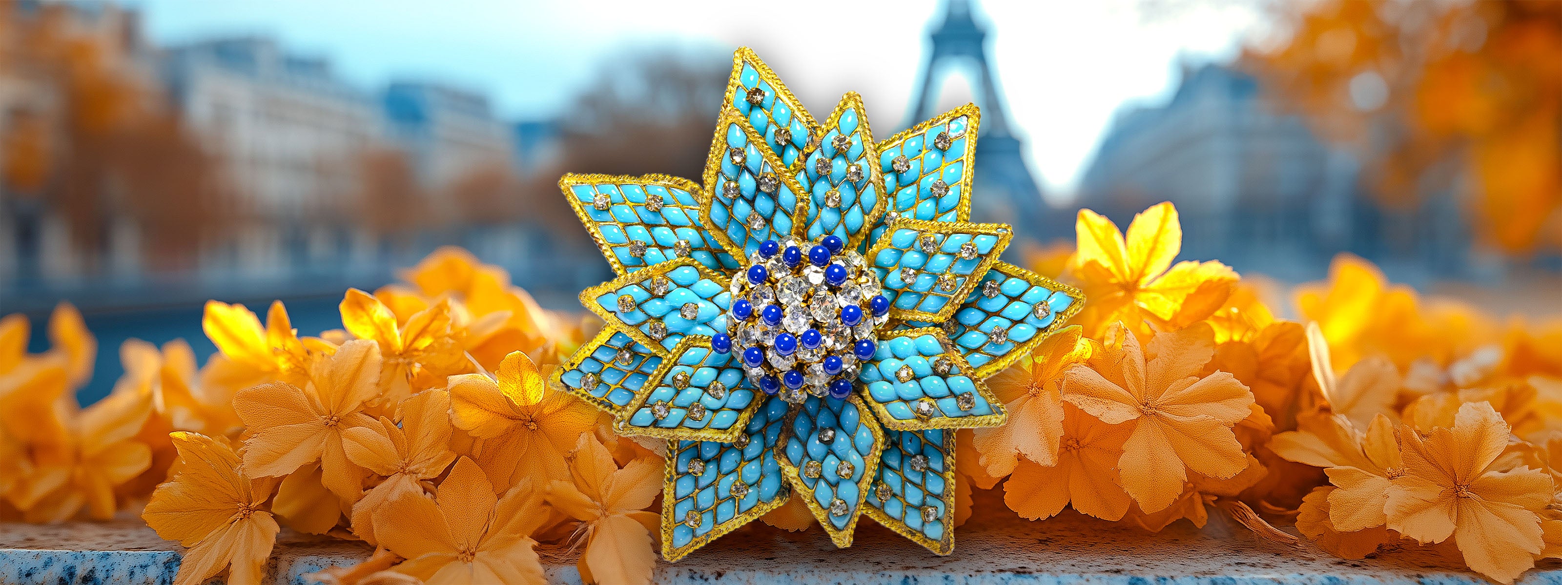 Coco Chanel Paris 1930's Gripoix Blue Turquoise Glass Camellia Flower Brooch