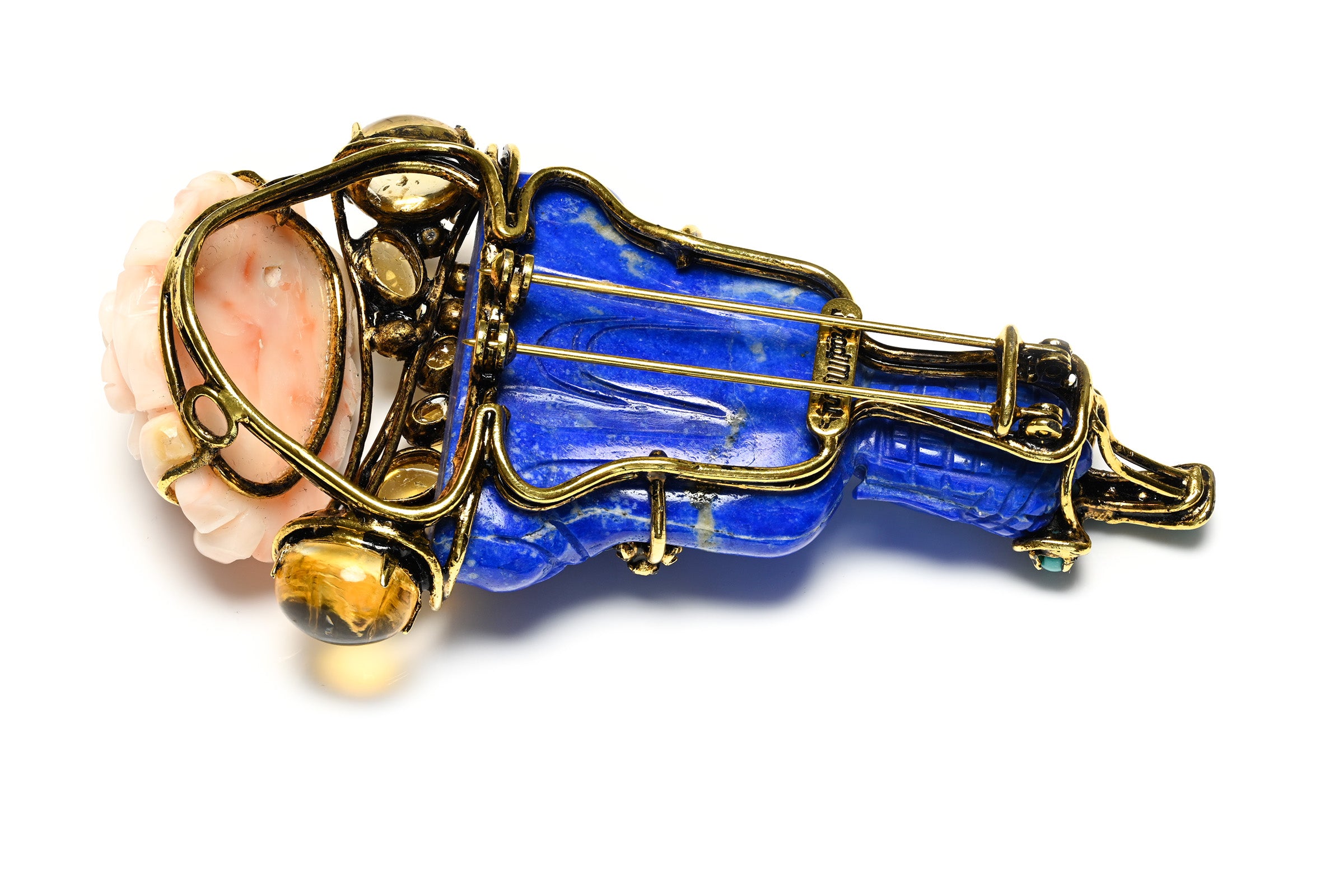 Vintage Iradj Moini Lapis Turquoise Citrine Carved Coral Buddha Brooch