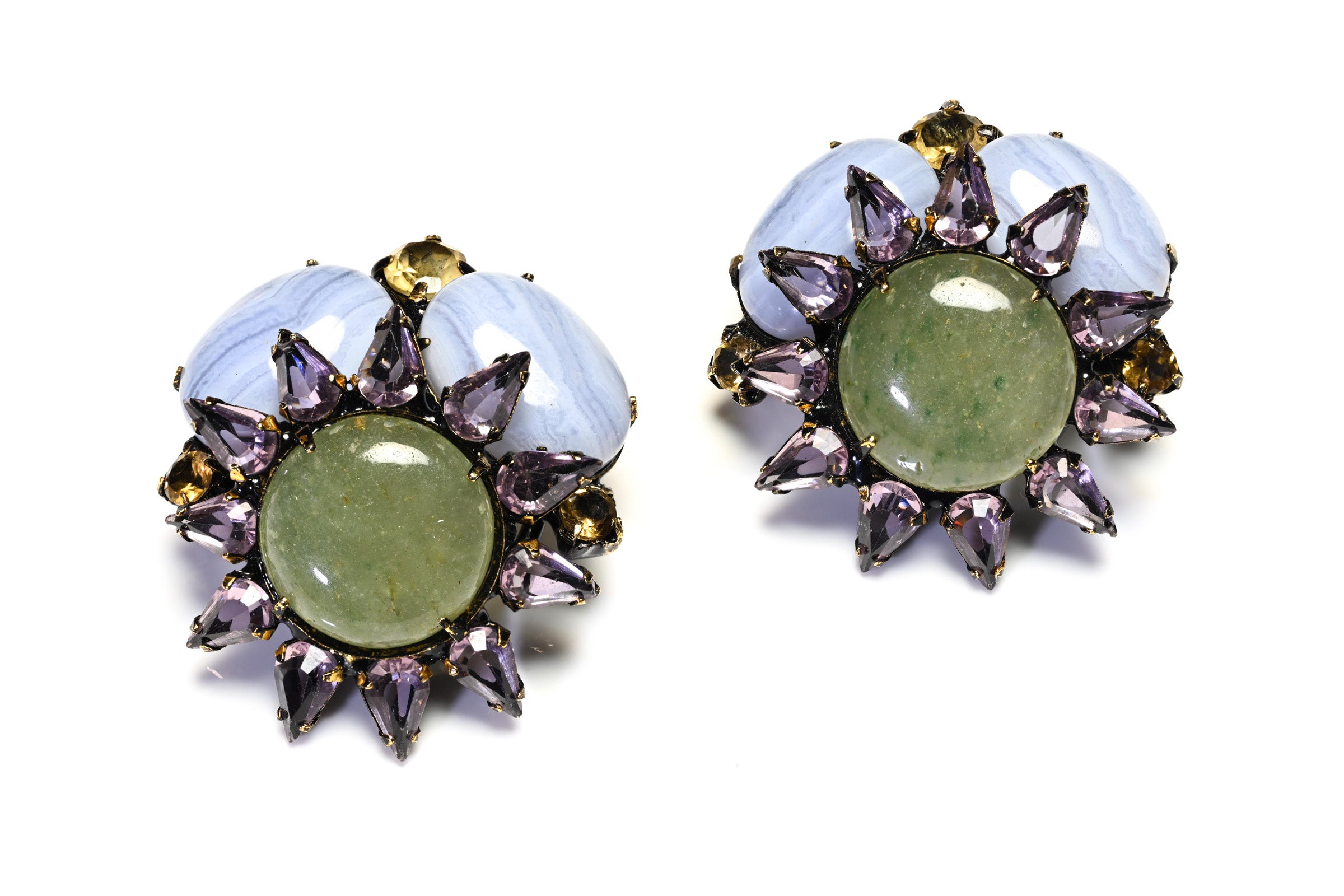 Iradj Moini Purple Crystal Blue Green Cabochon Flower Earrings