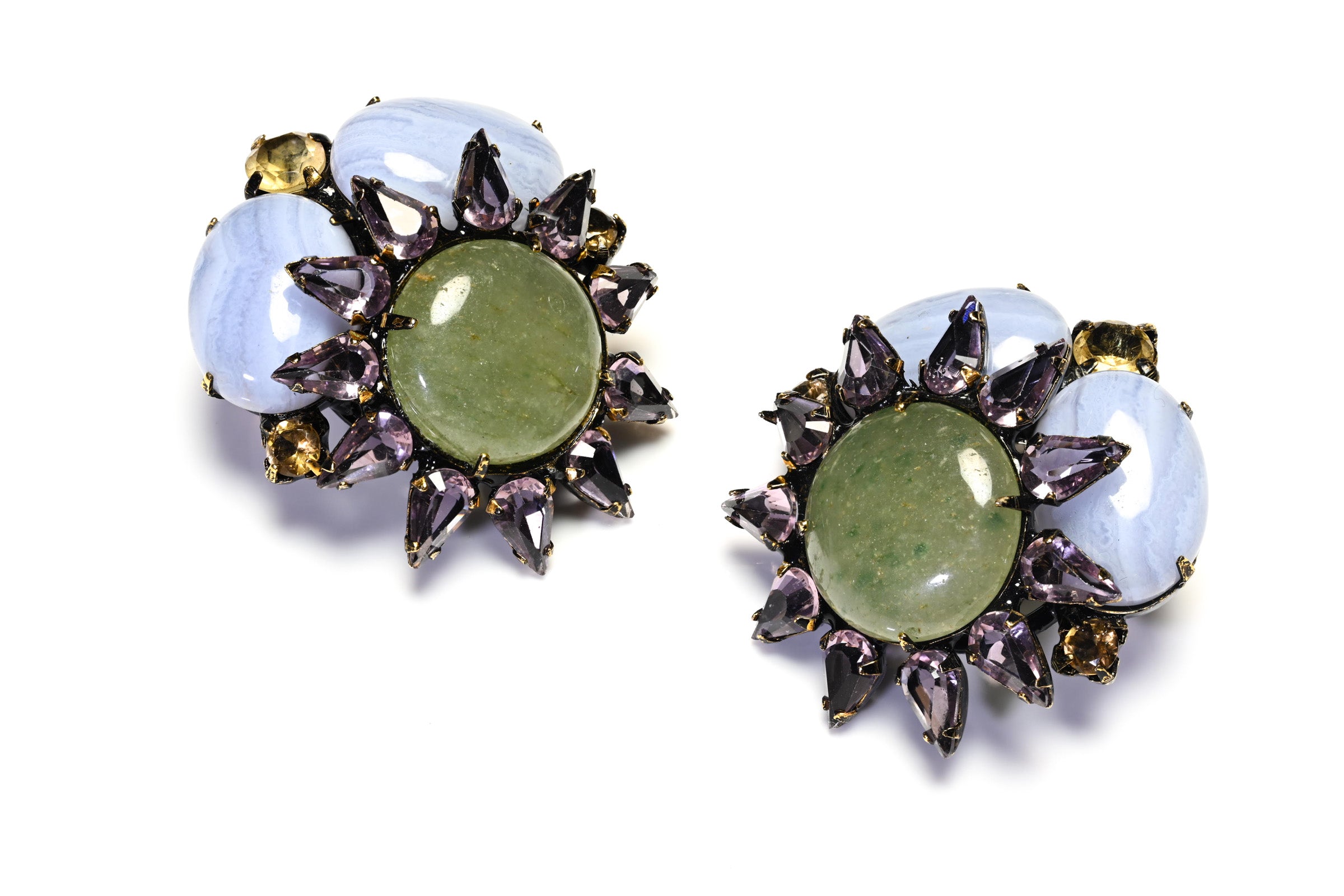 Iradj Moini Purple Crystal Blue Green Cabochon Flower Earrings 1