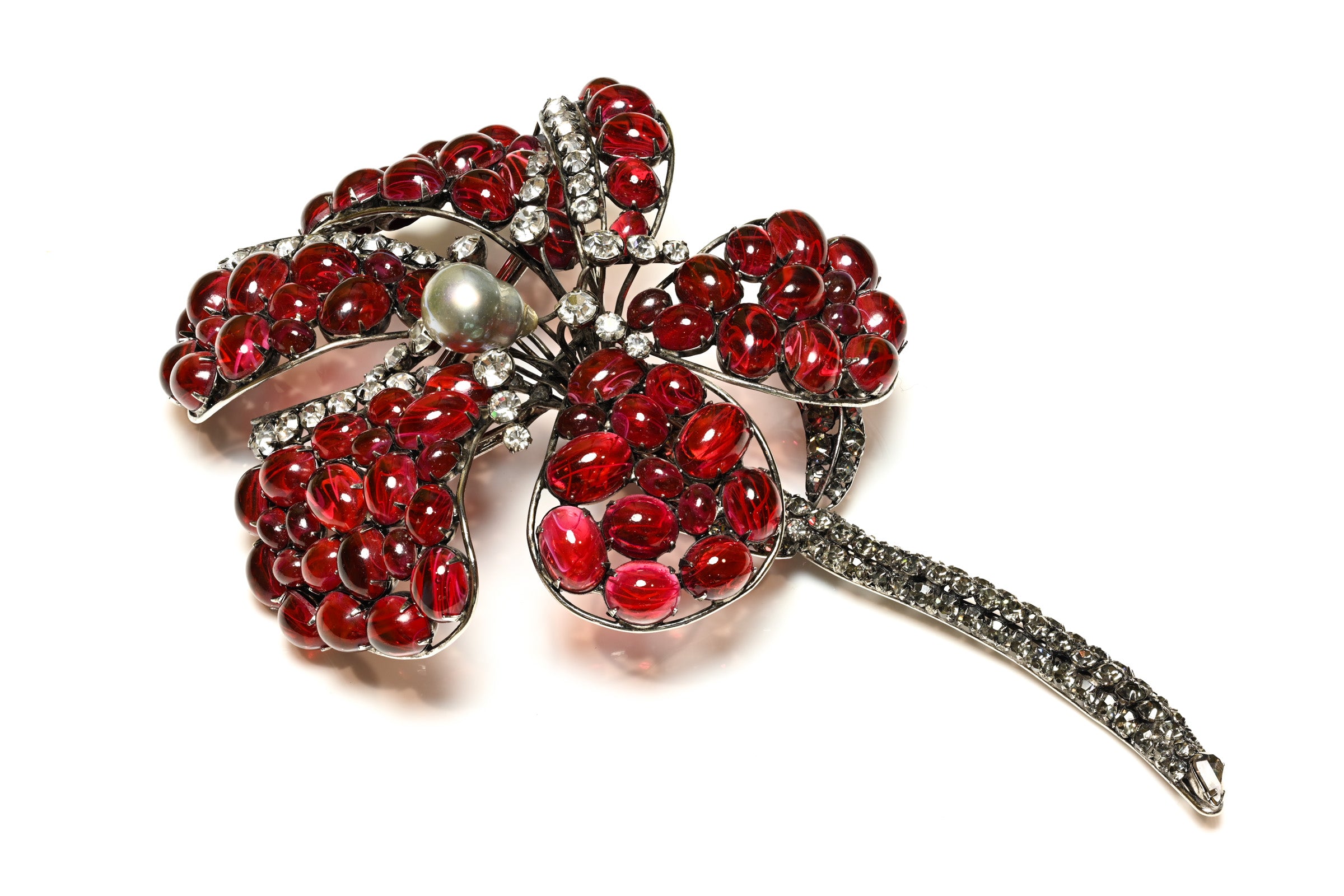 Iradj Moini Red Cabochon Glass Crystal Pearl Large Flower Brooch 1