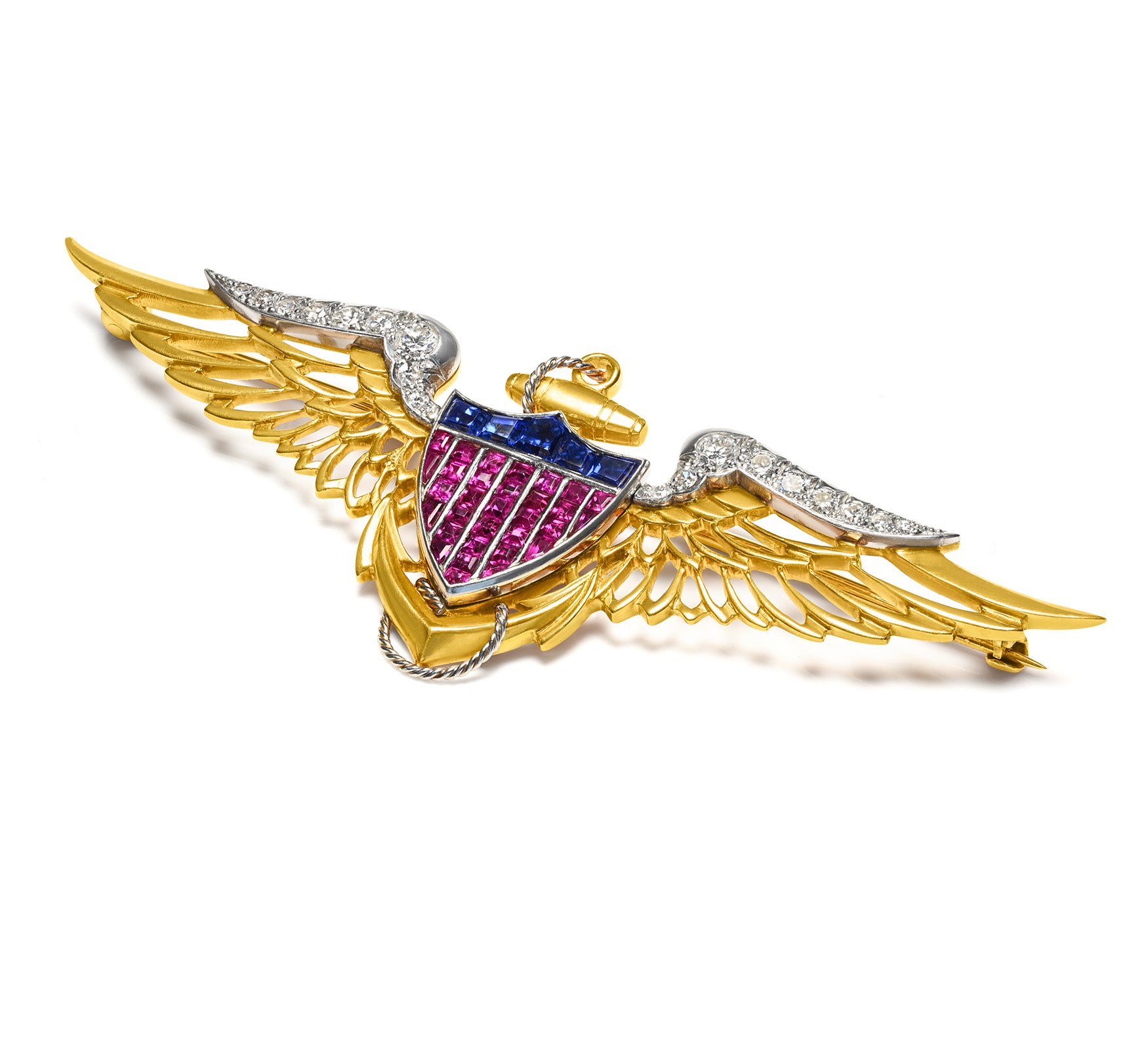 J.E. Caldwell & Co. Ruby Sapphire Diamond American Eagle Brooch