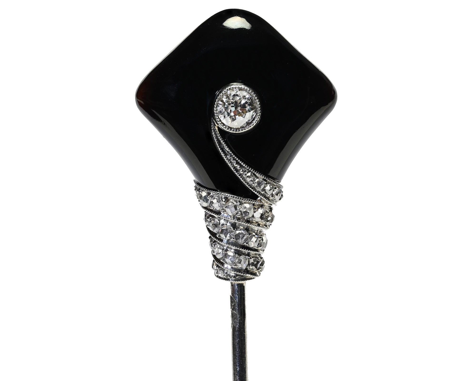 Janesich Paris Art Deco Onyx and Diamond Platinum Stick Pin