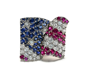 Jean Vitau American Flag Brooch in 18K Gold Sapphire Ruby Diamond