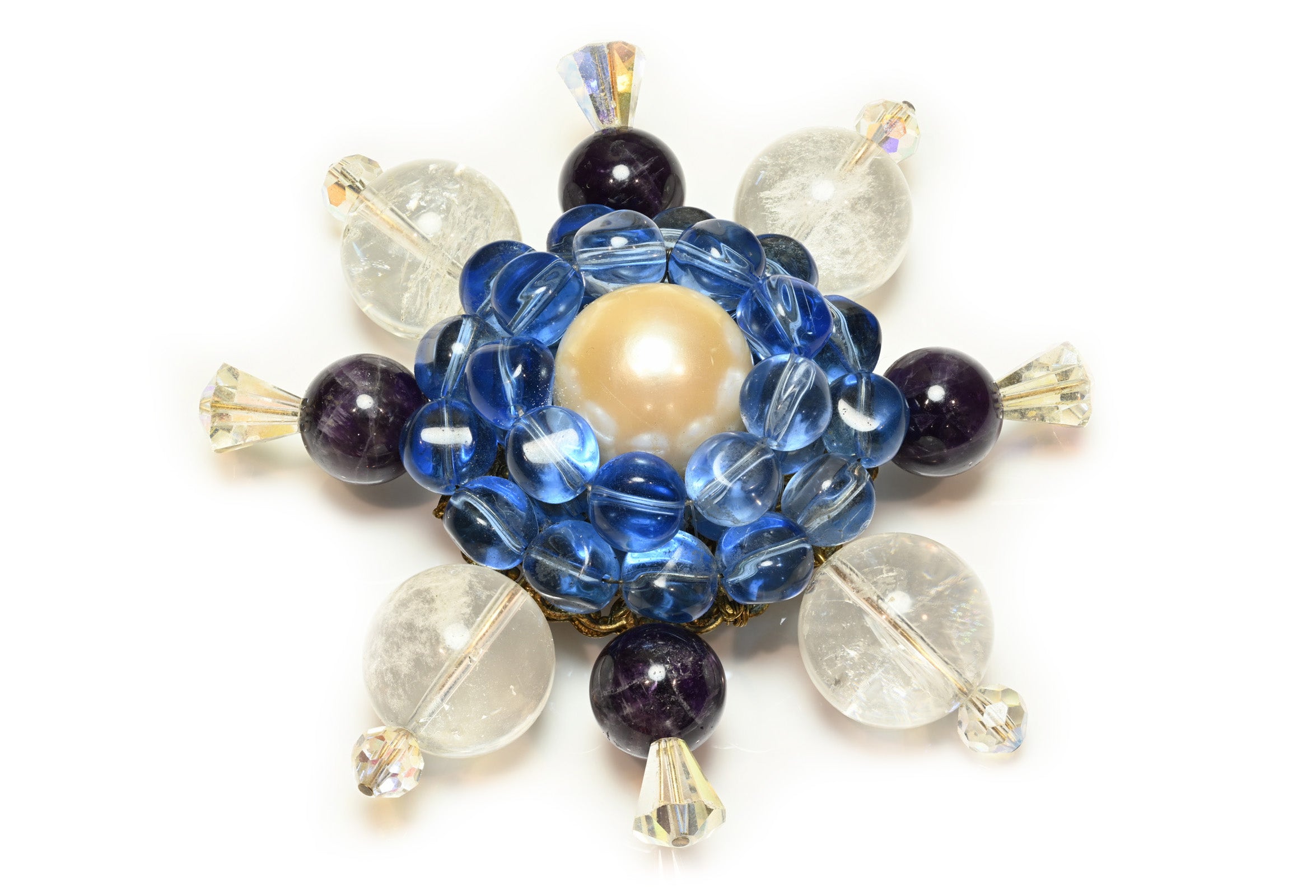 Vintage John Reubens Amethyst Rock Crystal Pearl Large Brooch