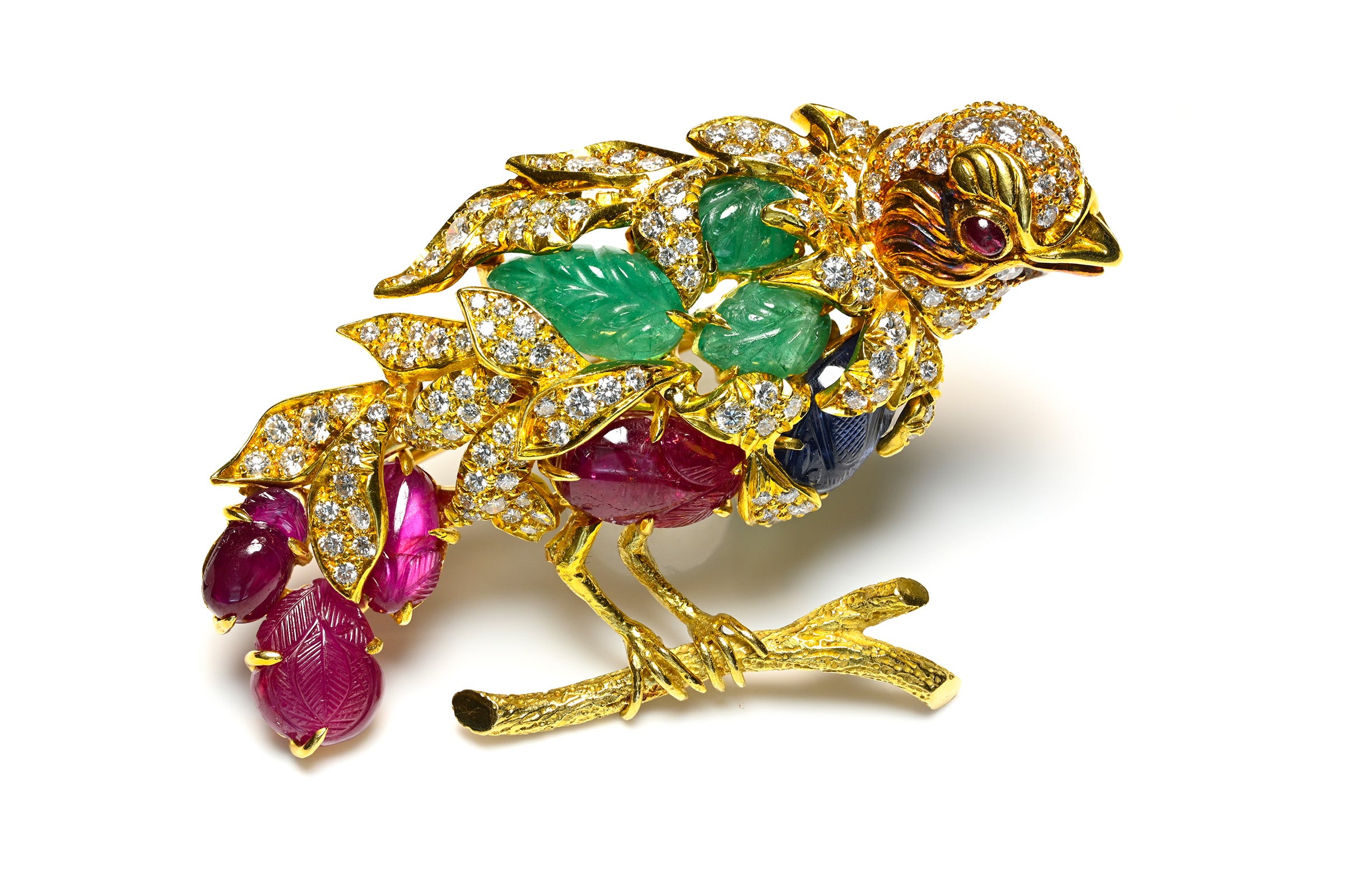 Julius Cohen 18K Gold Bird Brooch with Diamond Carved Ruby Emerald & Sapphire