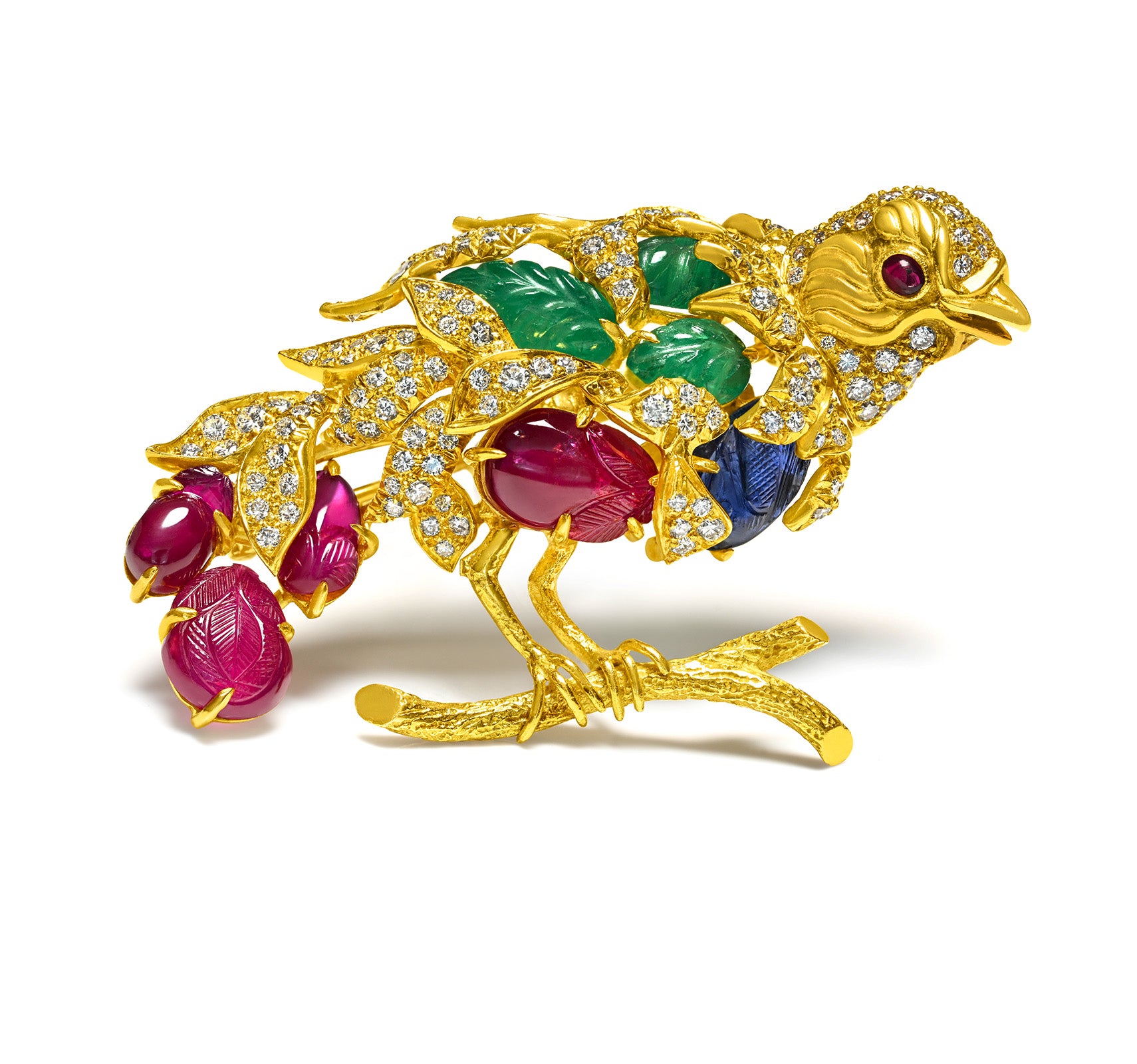 Julius Cohen 18K Gold Bird Brooch Diamond Carved Ruby Emerald Sapphire