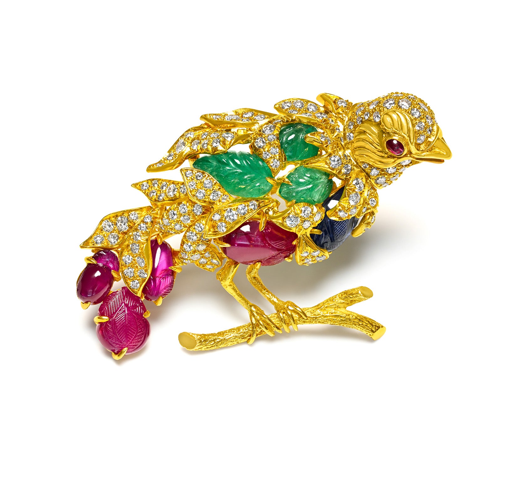Julius Cohen 18K Gold Bird Brooch Diamond Ruby Emerald Sapphire