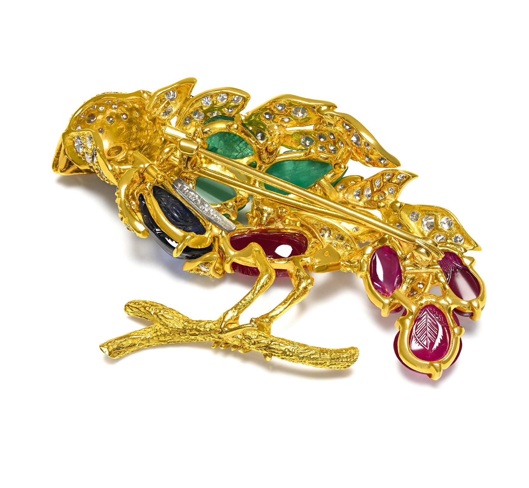 Julius Cohen 18K Gold Bird Brooch Diamond Carved Ruby Emerald Sapphire vintage