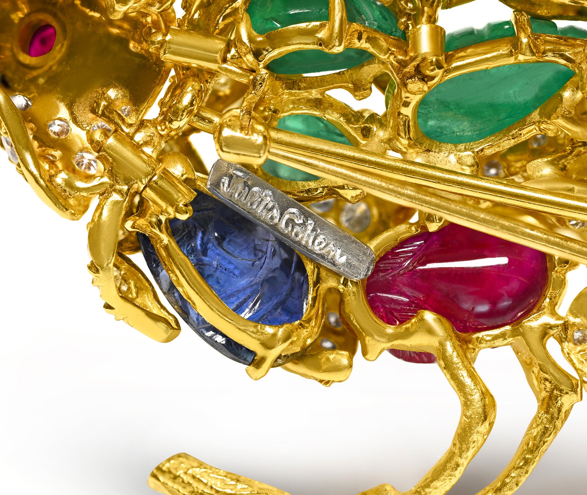 Julius Cohen Hallmark 18K Gold Bird Brooch Diamond Carved Ruby Emerald Sapphire