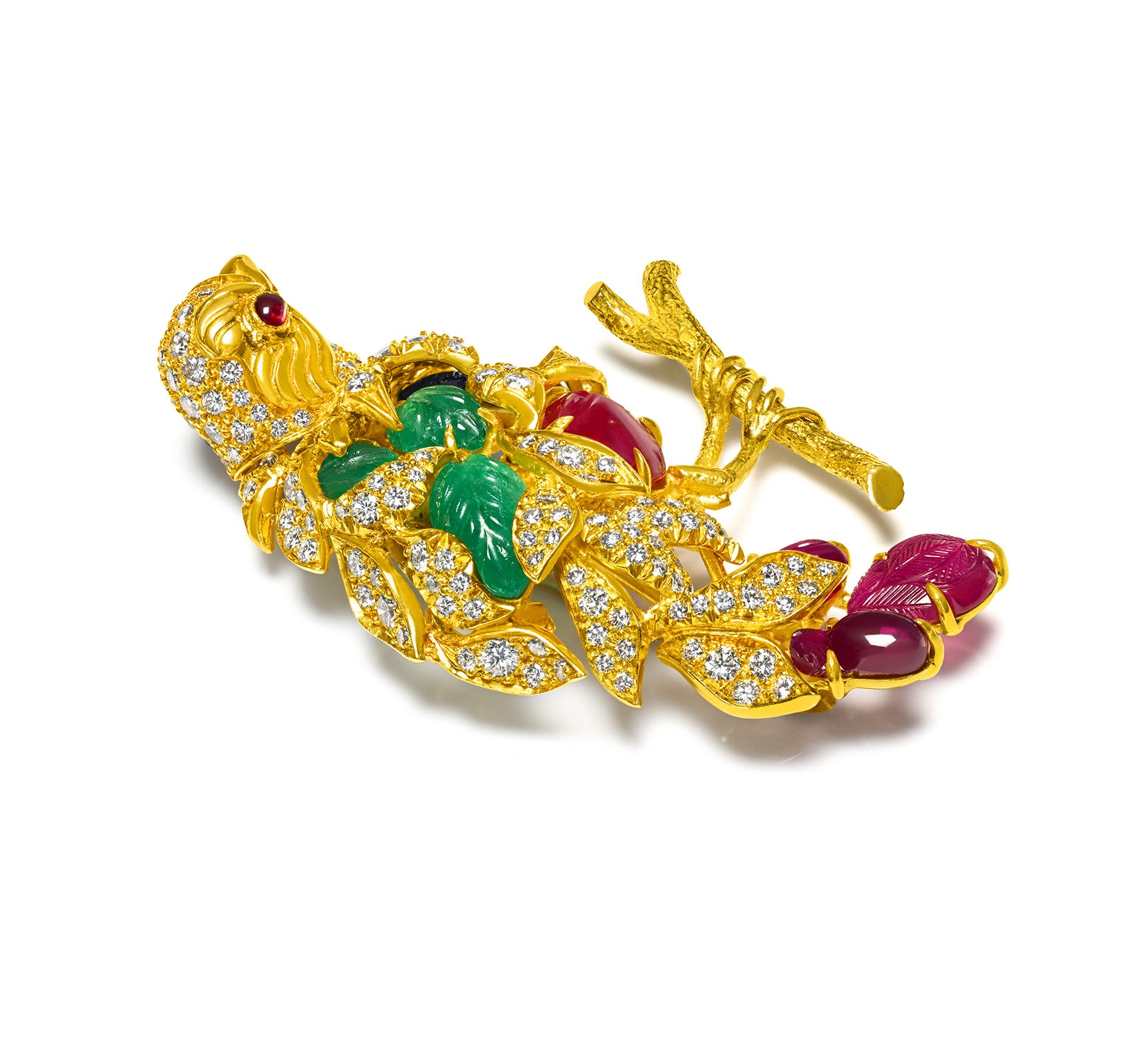 Julius Cohen 18K Bird Brooch Diamond Ruby Emerald Sapphire on a branch 