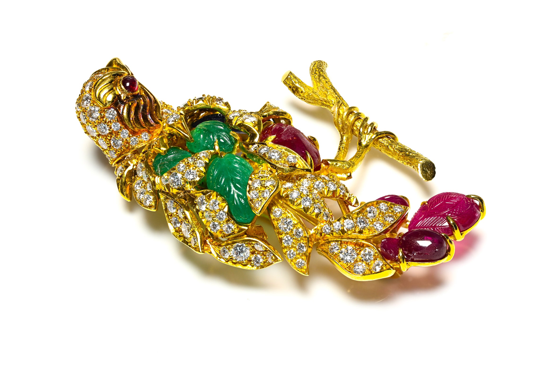 Julius Cohen 18K Gold Bird Brooch with Diamond Carved Ruby Emerald & Sapphire