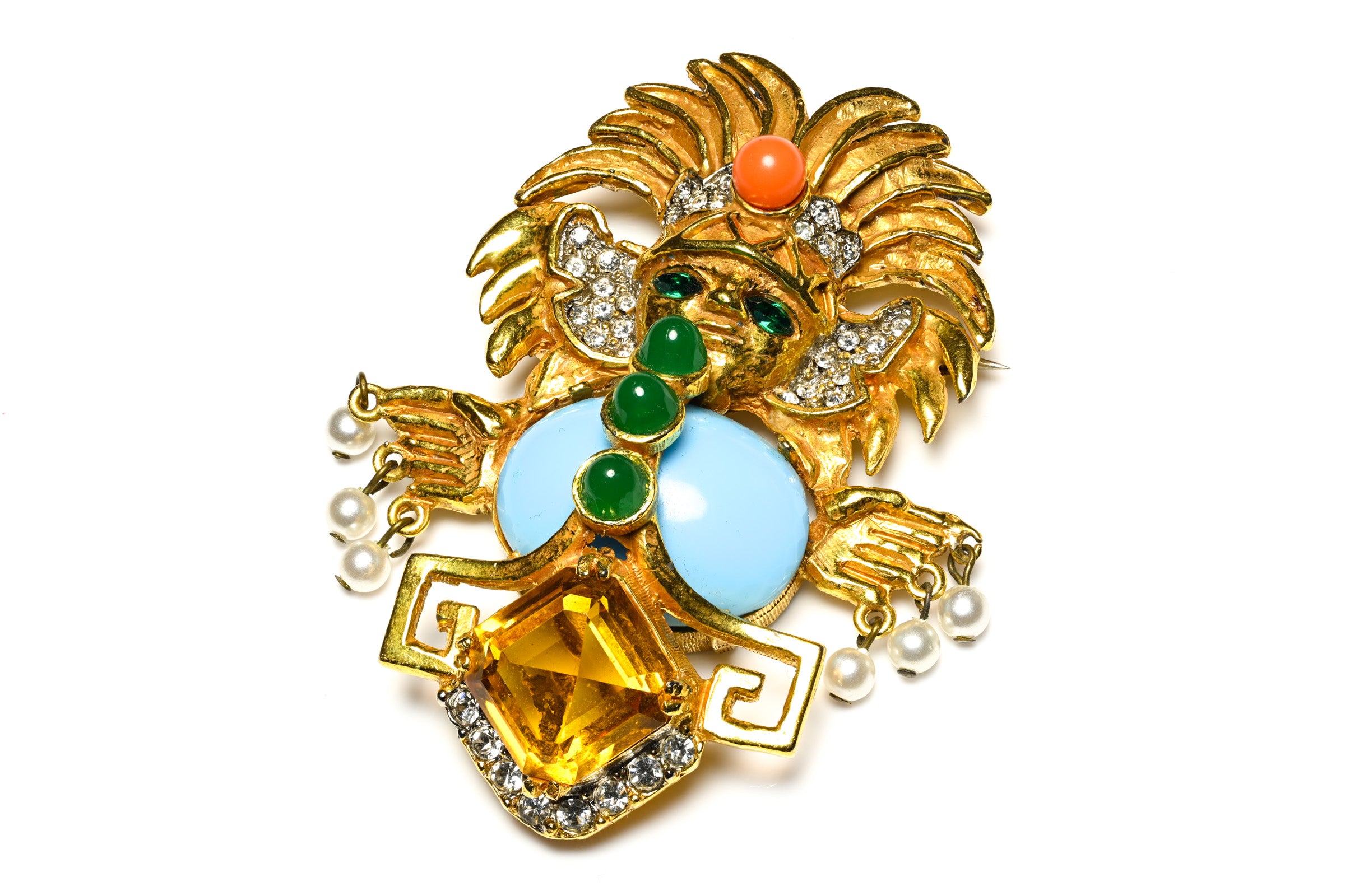 Vintage Kenneth Jay Lane Aztec Warrior Style Yellow Blue Crystal Brooch 1