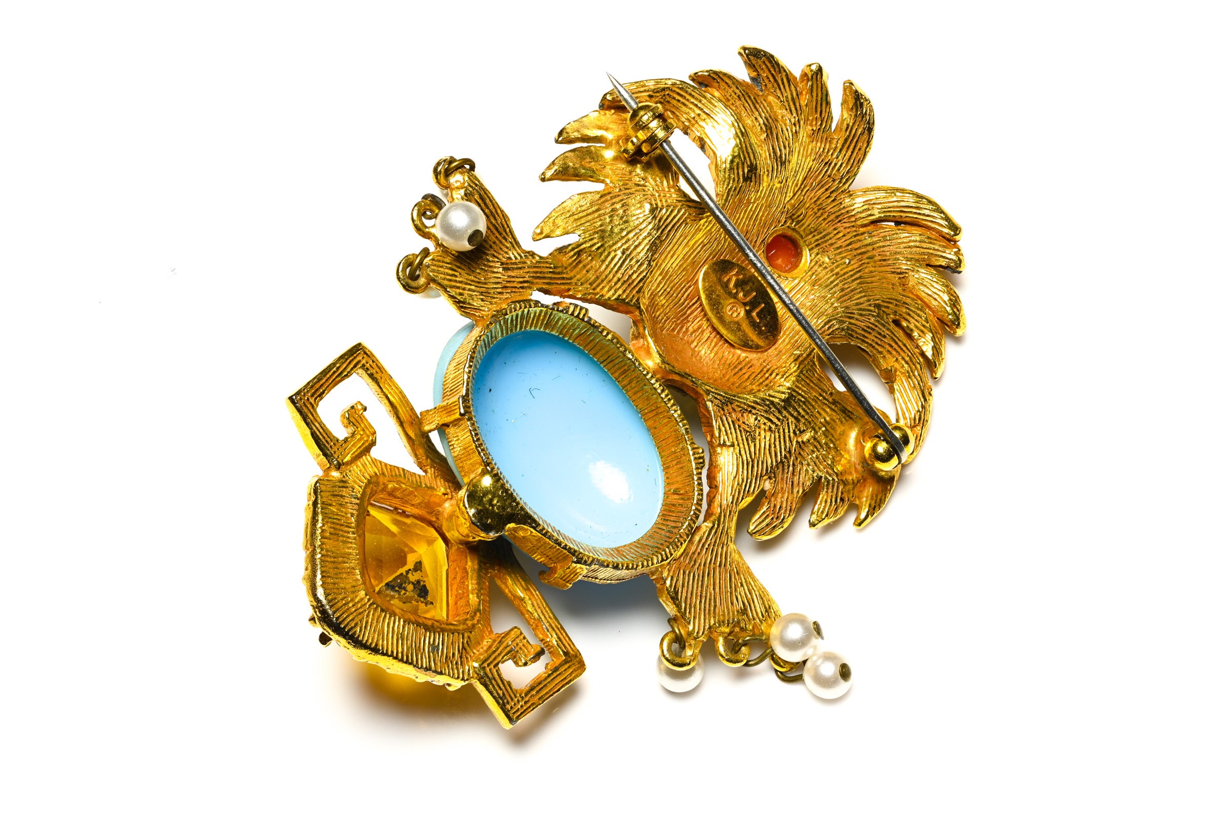 Vintage Kenneth Jay Lane Aztec Warrior Style Yellow Blue Crystal Brooch 2