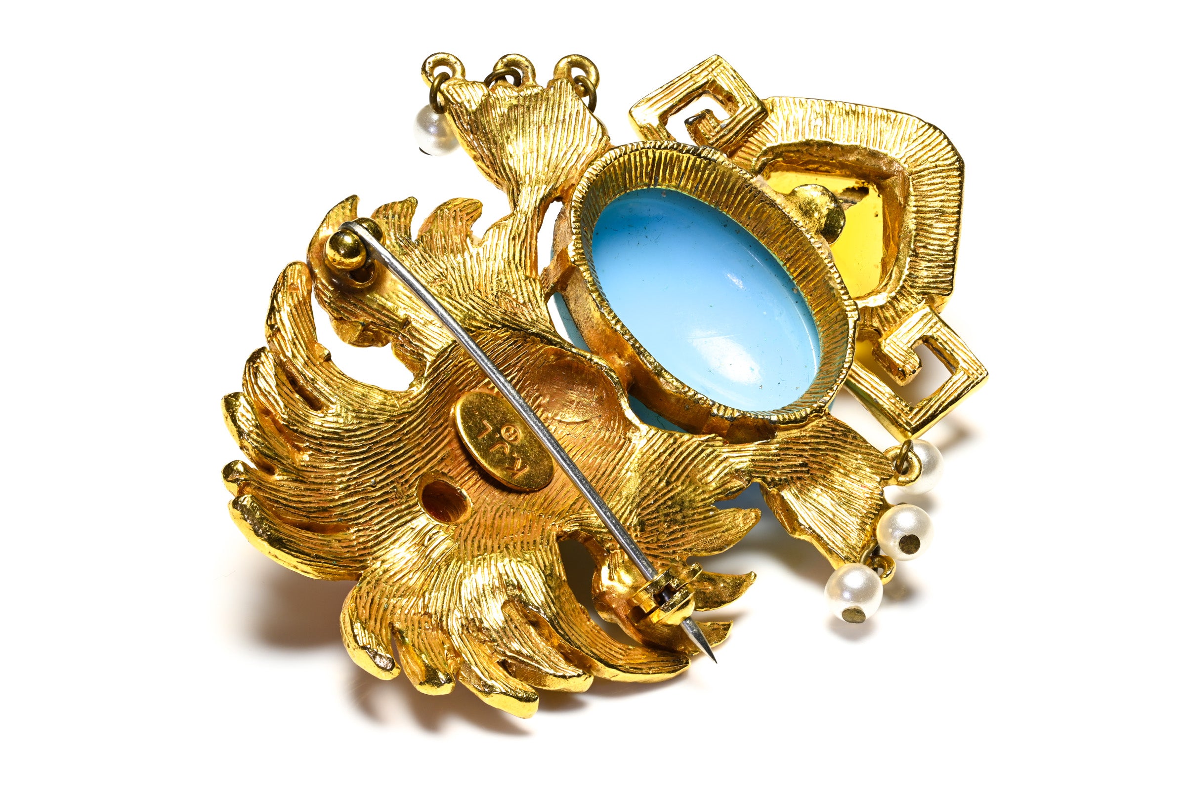 Vintage Kenneth Jay Lane Aztec Warrior Style Yellow Blue Crystal Brooch 3