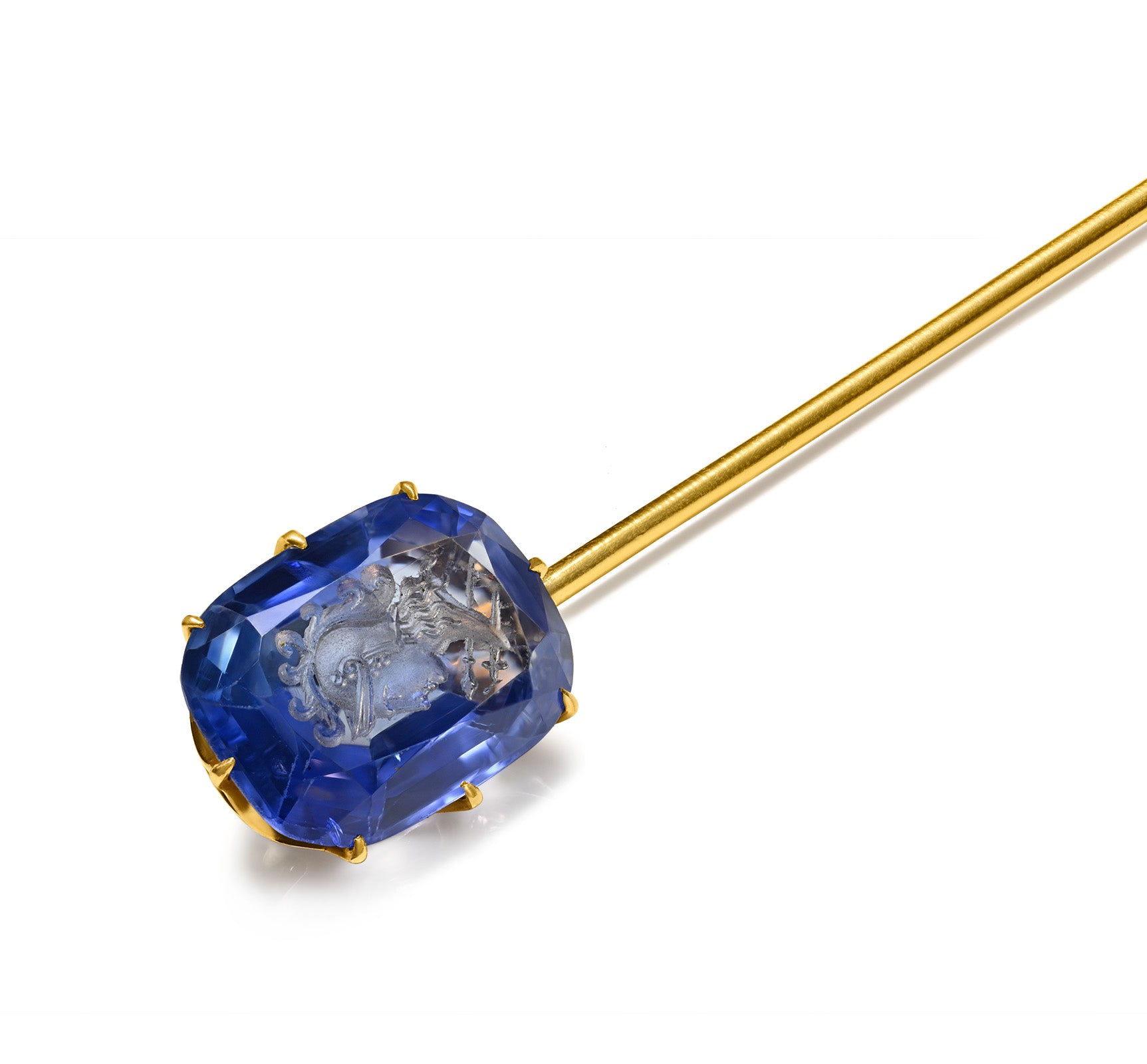 Kashmir Sapphire Carved Intaglio Gold Stick Pin, 5.20 Carats, AGL Prestige 