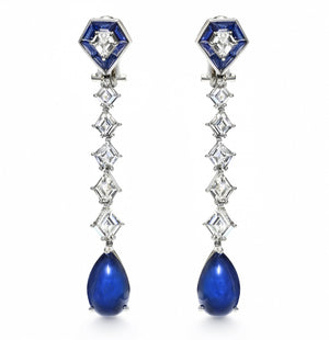 Fancy Kite Cut Diamond and Sapphire Drop Earrings in Platinum