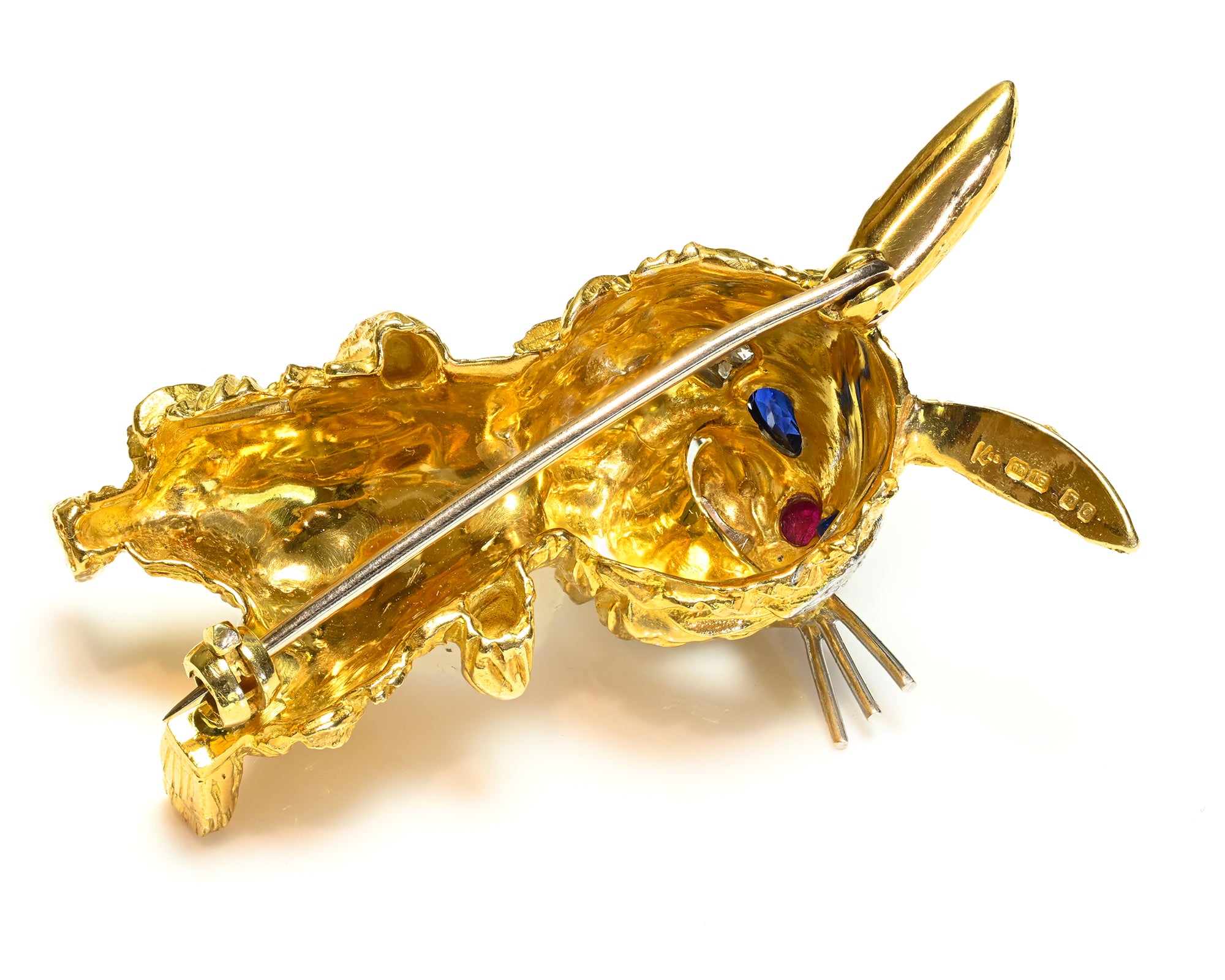 Kutchinsky 18K Gold Rabbit Brooch with Diamonds, Sapphires & Ruby