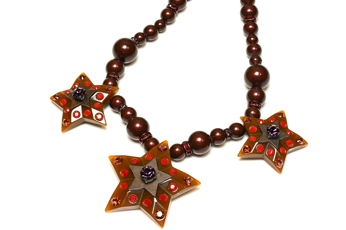 Lanvin Paris Alber Elbaz Brown Crystal Bleads Star Ribbon Necklace