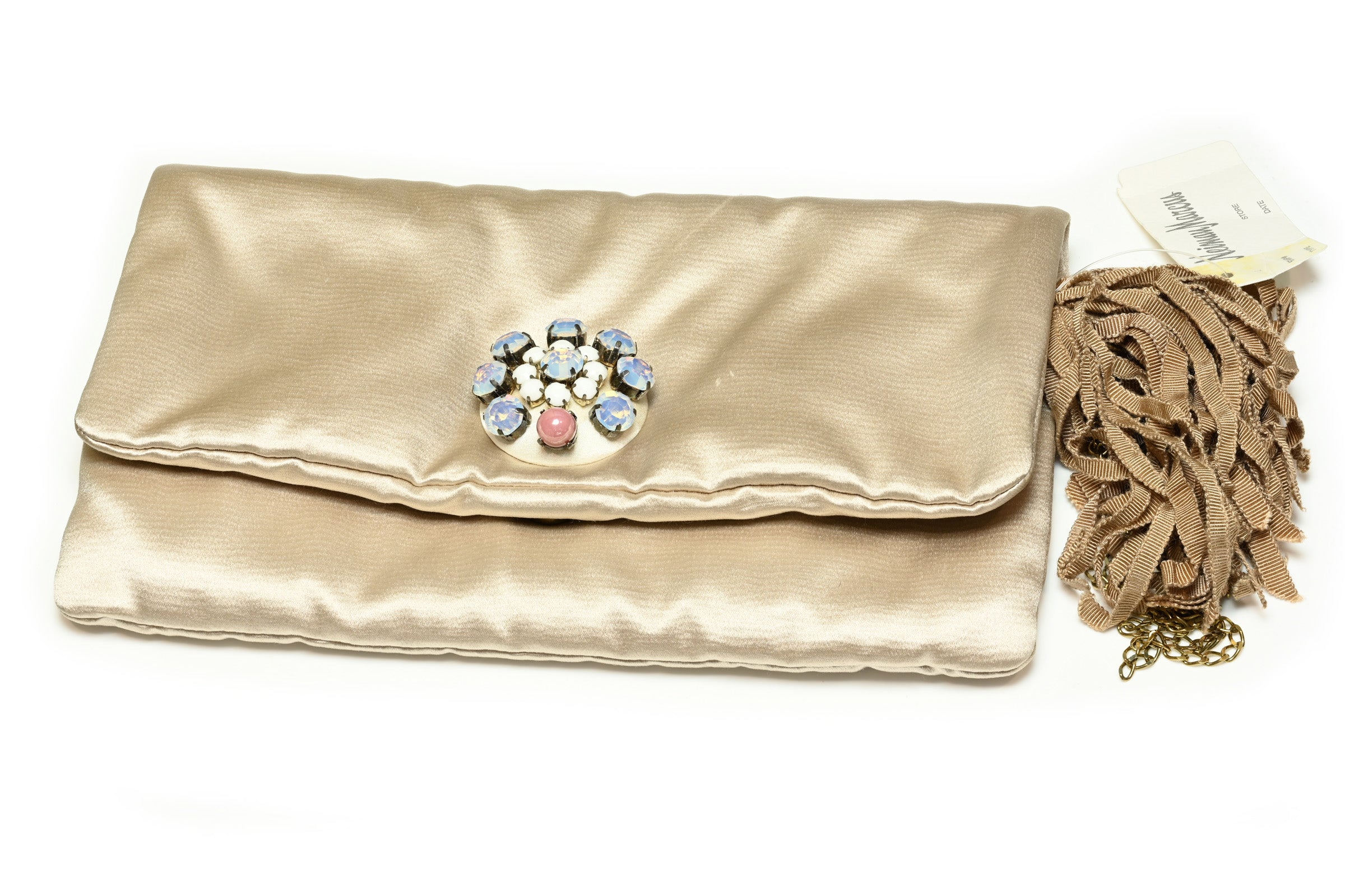 Lanvin Paris Beige Satin Opaline Crystal Tassel Clutch Bag