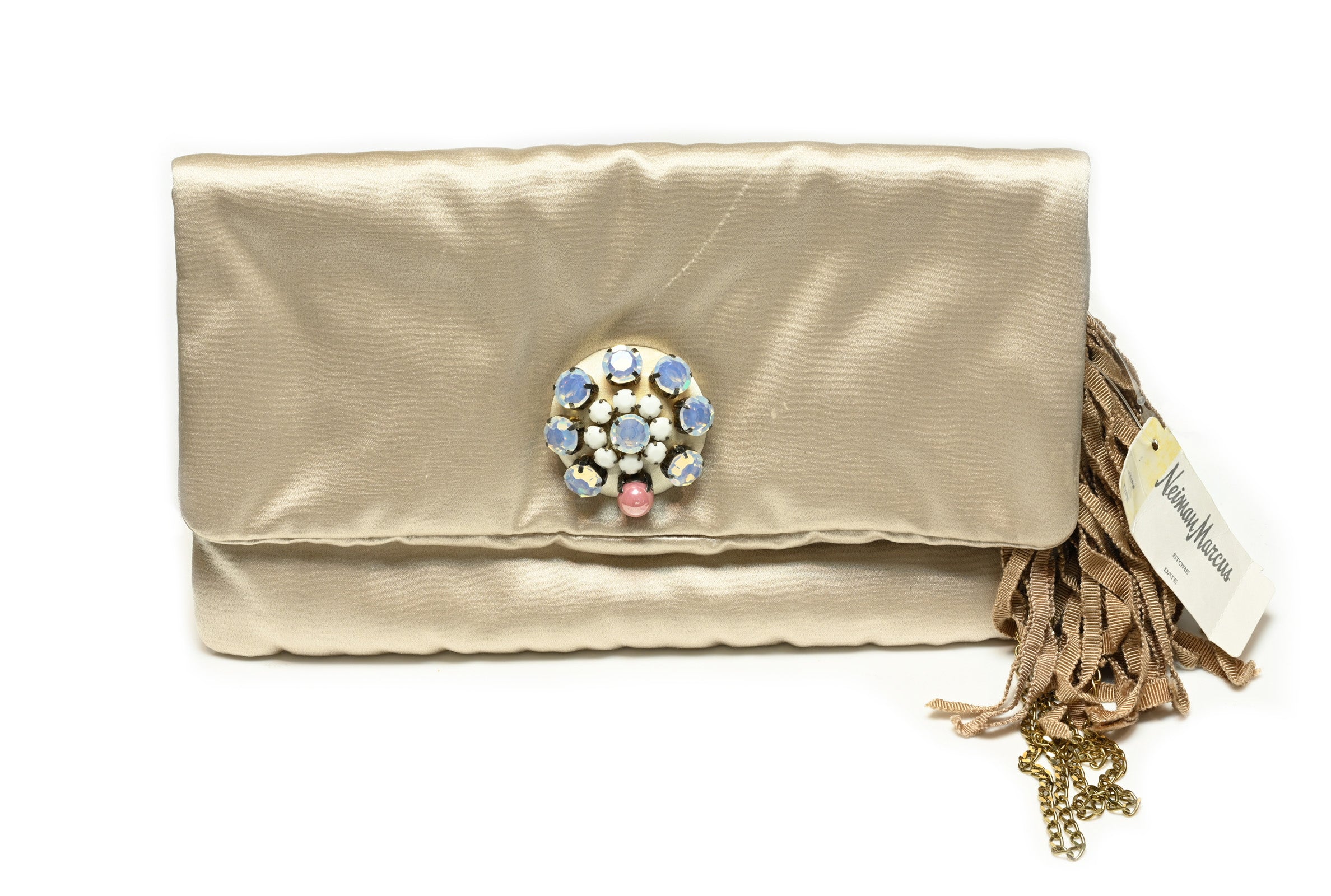 Lanvin Paris Beige Satin Opaline Crystal Tassel Clutch Bag