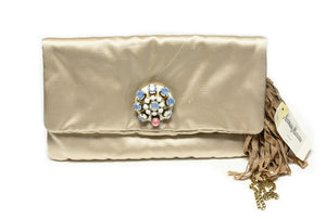 Lanvin Paris Beige Satin Opaline Crystal Tassel Clutch Bag