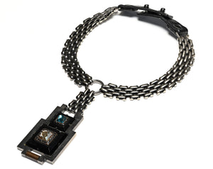 Lanvin Paris Blue Brown Crystal Silver Tone Chain Collar Necklace