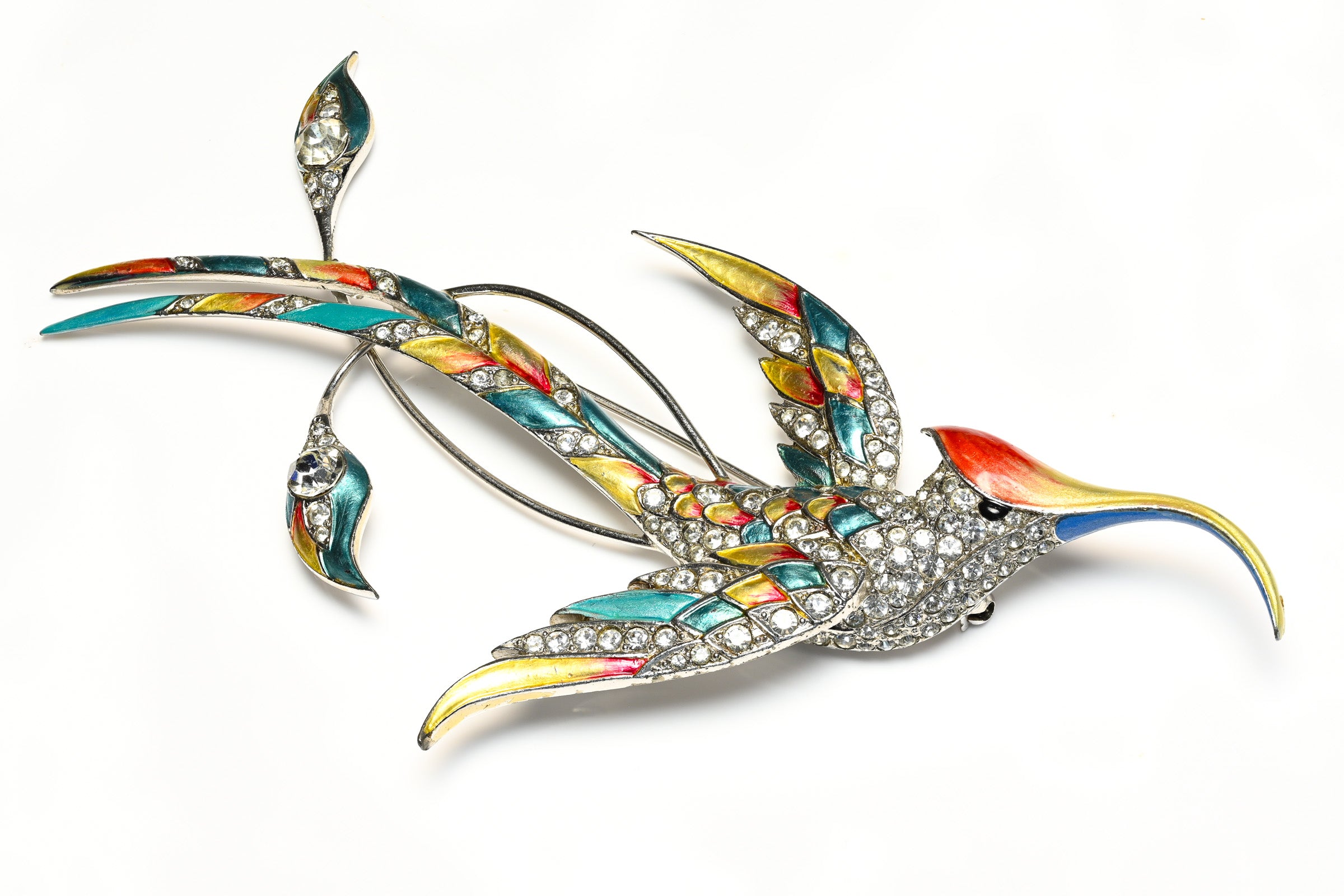 Vintage 1940's Marcel Boucher Enamel Crystal Bird of Paradise Brooch