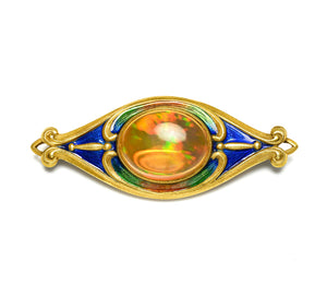 Marcus & Co. Art Nouveau Fire Opal and Enamel Gold Brooch