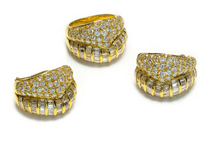 Round and Baguette Diamond Ring and Earrings Set 18K Gold